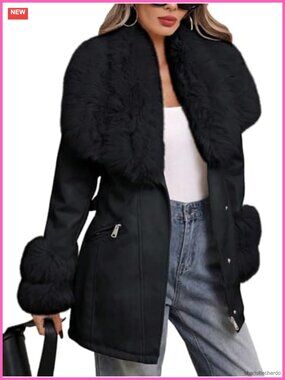 Faux Leather Furry Jacket Belted Fall Winter Coat